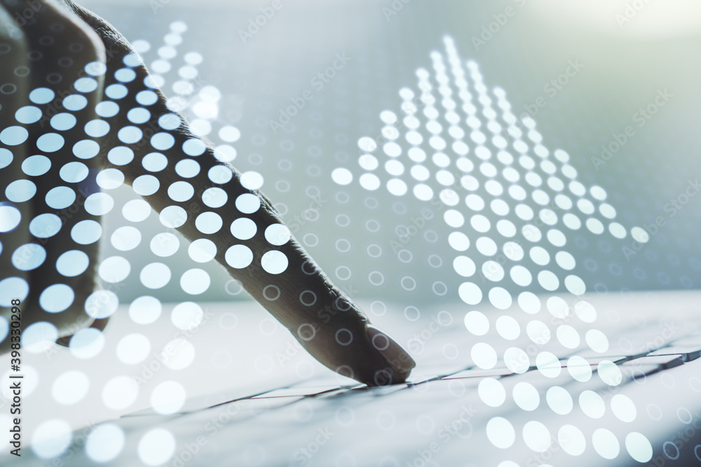 Aufkleber creative abstract upward arrows hologram and hands typing on computer keyboard on background, leader