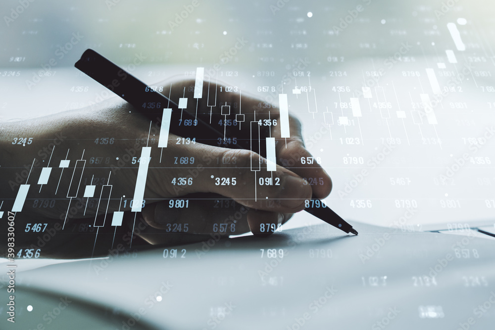 Poster double exposure of abstract creative statistics data hologram with man hand writing in notepad on ba