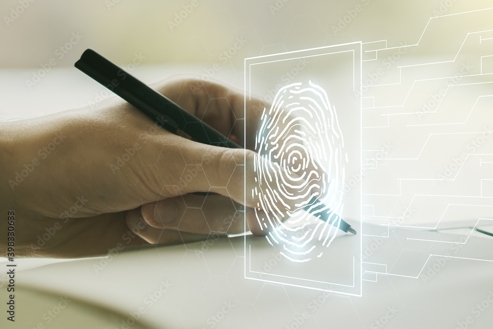 Poster double exposure of abstract creative fingerprint hologram with man hand writing in notepad on backgr