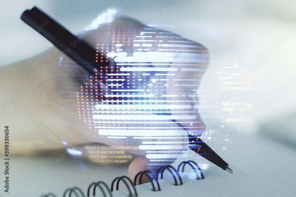 Poster double exposure of abstract programming language with world map and man hand writing in notebook on 