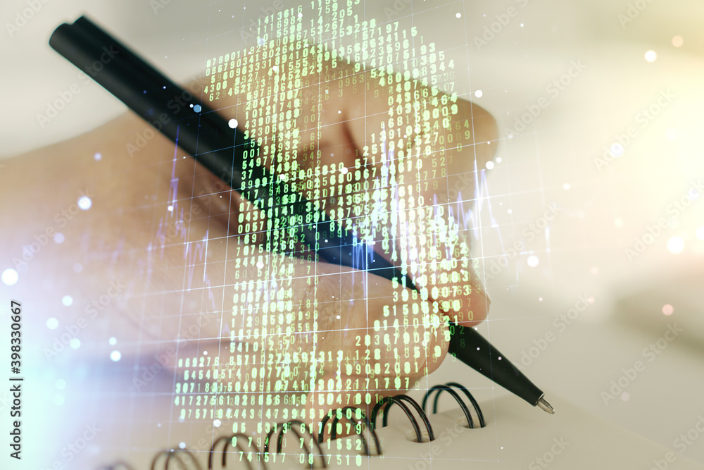 Poster double exposure of creative bitcoin symbol hologram with man hand writing in notepad on background. 