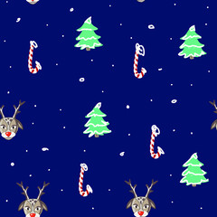 Seamless festive background. Deep blue background. Red and white candy canes. Vector. Cartoon. Christmas trees in the snow and points of snow. Traditional sweets. Christmas. Suitable for fabric, paper