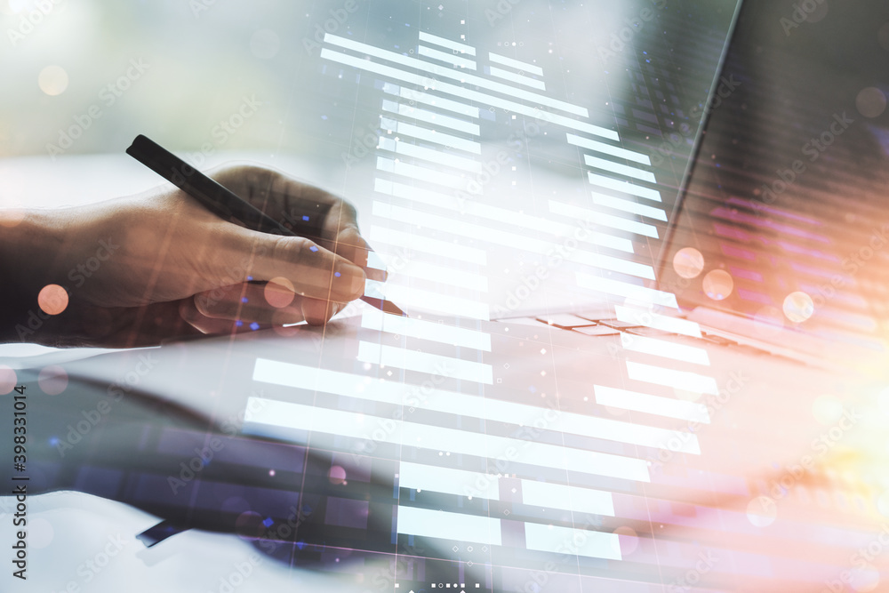 Poster double exposure of creative bitcoin symbol hologram with hand writing in notepad on background with 