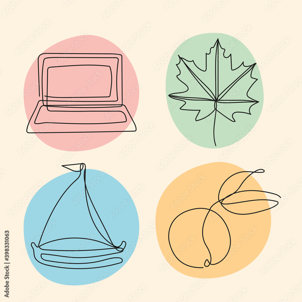 Poster bundle of four elements one line style icons