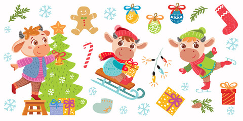 Cute cartoon cow. Illustration with bull, symbol of the Chinese new year 2021. A set of elements for a fun new year's design: a cow rides on skates, on a sled, a cow decorates a Christmas tree.