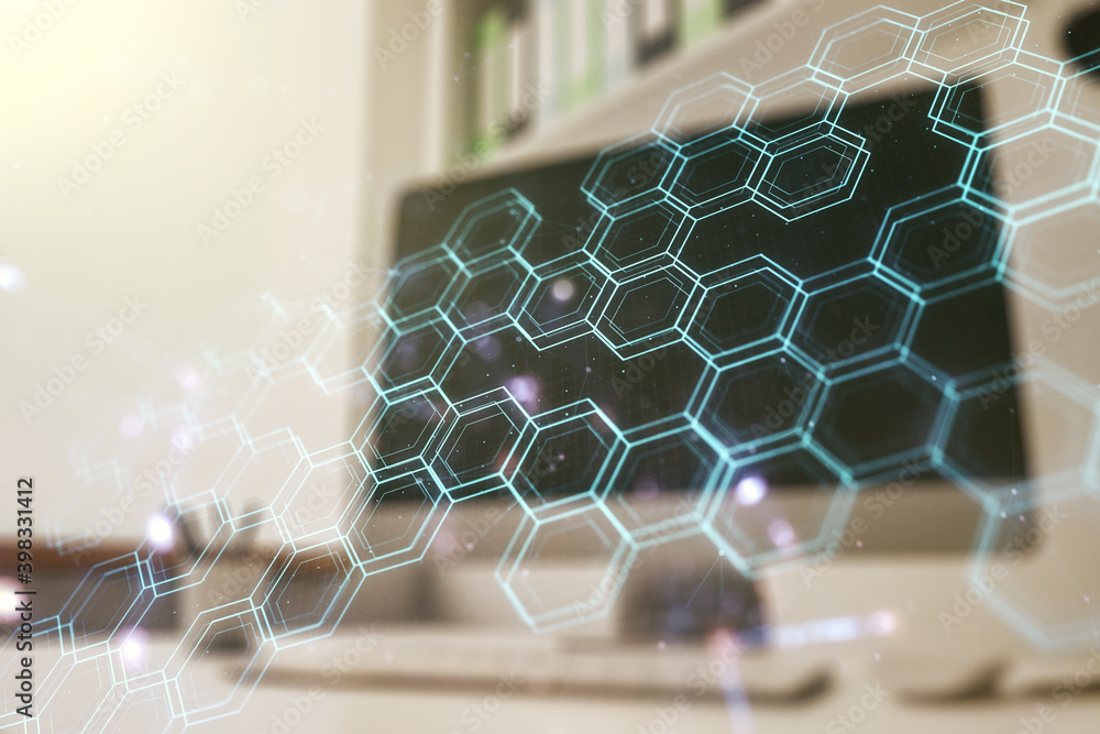 Poster creative abstract technology sketch with hexagon grid and modern desk with computer on background, f