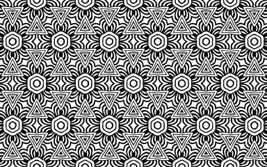 Black white geometric abstract pattern from triangles, polygons, lines and flowers in oriental style. Vector graphics for design and decoration, for coloring book.