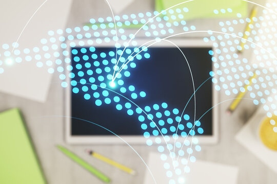 Abstract creative world map with connections and modern digital tablet on background, top view, international trading concept. Multiexposure