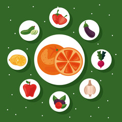 bundle of nine fresh fruits and vegetables healthy food set icons