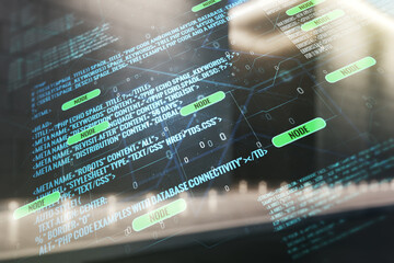 Multi exposure of abstract graphic coding sketch on blurry contemporary office building background,...