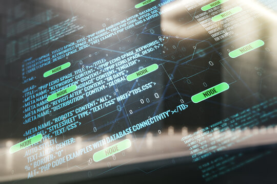 Multi exposure of abstract graphic coding sketch on blurry contemporary office building background, big data and networking concept