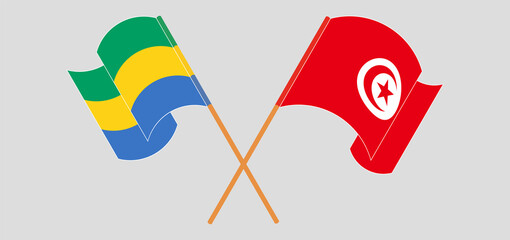 Crossed and waving flags of Gabon and Tunisia