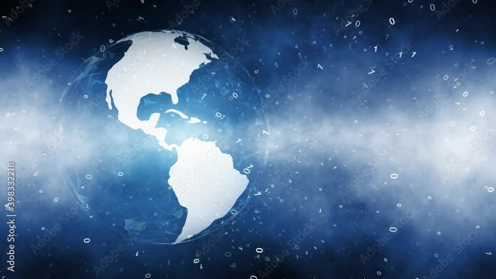 Poster futuristic earth globe network with lines, dots, binary numbers motion background, view from space.