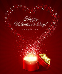 Happy valentines day greeting card design gift box with heart and confetti vector background