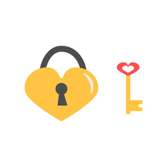 Cute heart shaped gold lock and key LOVE. 14 february, Valentine s Day, Love, wedding concept. Flat illustration.