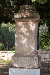 Fototapeta na wymiar pedestal with inscription, Roman city of Pollentia, Alcudia, Mallorca, Balearic Islands, Spain