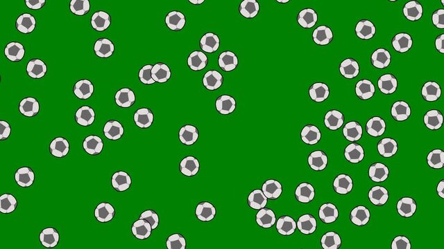 Many football balls flying and bouncing to each other. Animation on green screen background.