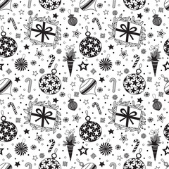 seamless christmas pattern with gifts, toys, sweets and home decorations