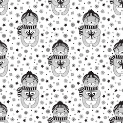 seamless christmas patterm with a cute baby bear among stars and snowflakes