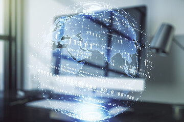 Multi exposure of abstract graphic coding sketch with world map on modern computer background, big data and networking concept