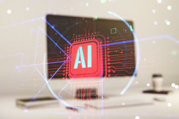 Double exposure of creative artificial Intelligence abbreviation with computer on background....