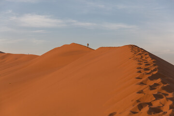 A tourist with a backpack walks along the top of a dune in the Namib desert. Sossuflei, Namibia