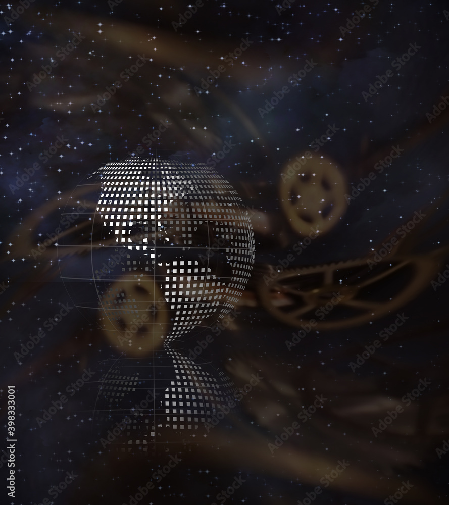 Poster white mesh earth and clockworks. 3d rendering