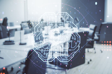 Virtual creative artificial Intelligence hologram with human brain sketch on a modern furnished classroom background. Double exposure