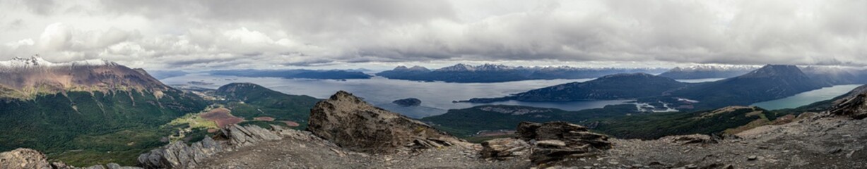 Fototapeta na wymiar Panoramic from the top of the Guanaco hill of the Beagle Channel in Ushuaia