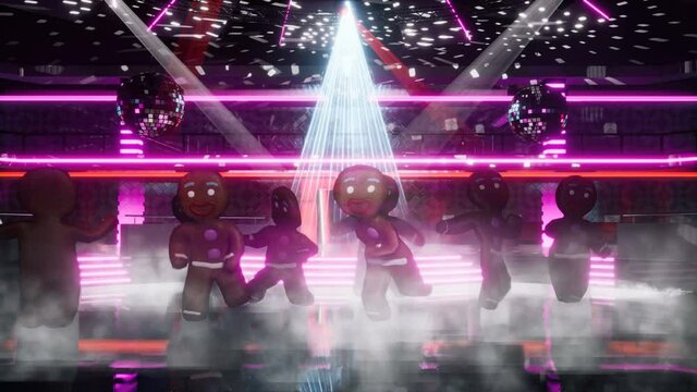 Happy gingerbread men are dancing at the New Year's night disco. The concept of the Christmas celebration. Seamless looping Animation for Christmas, New Year and holiday backgrounds.