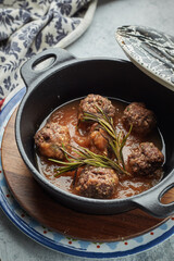 Albondigas meatballs with tomato, rosemary and wine sauce. Spanish and Mexican dish