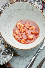 Cocktail of shrimps seafood mexican style chili sauce lemon