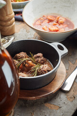 Albondigas meatballs with tomato, rosemary and wine sauce. Spanish and Mexican dish
