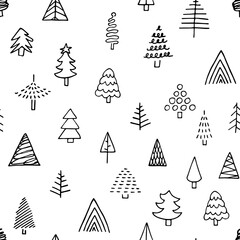 Seamless vector doodle New Year pattern. Hand-drawn black outline cute Christmas tree isolated on white background. Holiday fir trees illustration for wallpapers, posters, wrapping paper, cards, print