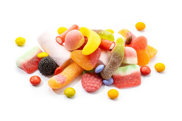 Assortment of candies and sweets isolated on white background