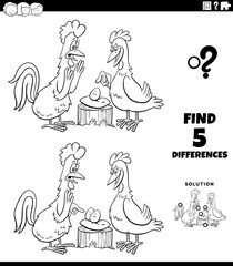 differences educational game with chickens coloring book page