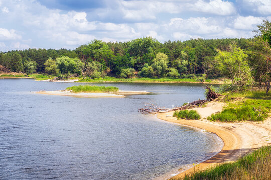 Small wield beach with island on a lagoon or lake sounded by birch and pine forest. Tranquil summer scene, relaxation. Soft focus image technique