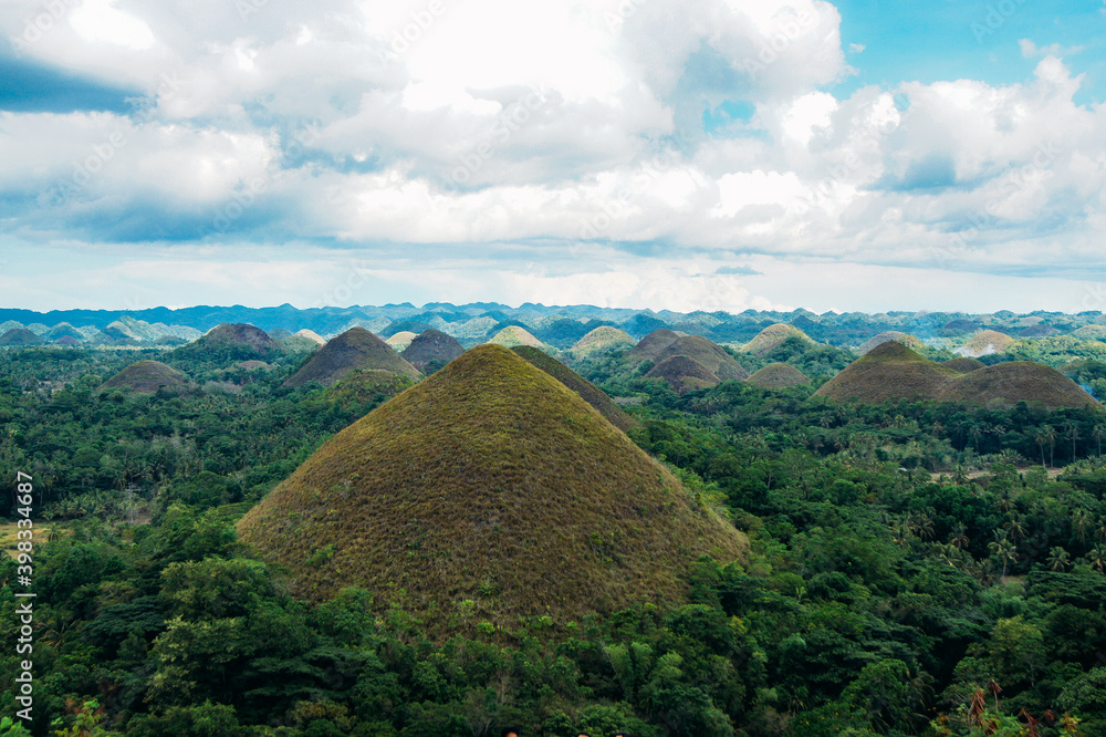 Wall mural a large rock in the middle of a forest with Chocolate Hills in the background