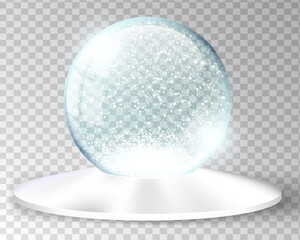 White vector snow globe empty template isolated on transparent background. Christmas magic ball. Blue glass ball dome with silver round wide cone stand. Winter holiday crystal, snow inside. Xmas toy