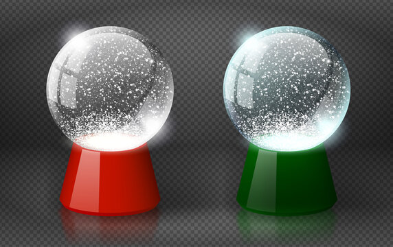 Red and green vector snow globe empty template isolated on transparent background. Christmas magic ball. White glass ball dome glossy candy color stand. Winter holiday crystal, snow inside. Xmas toy