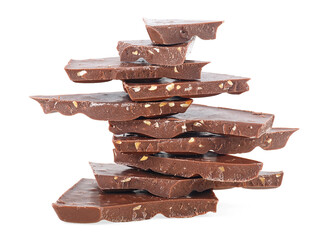 Pieces of milk chocolate isolated on a white background. Cubes of chocolate. Broken milk chocolate bar.