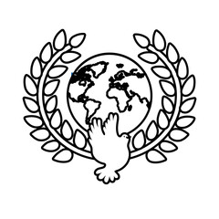dove bird flying with planet earth in wreath crown line style icon