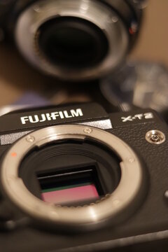Cambridge Uk December 2020 Mirrorless XT-2 camera from fujifilm, no lens attached with the pink sensor visible with no anti aliasing coating applied