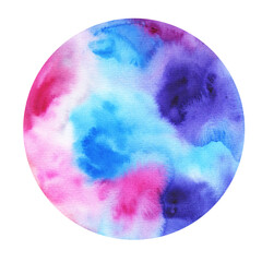 Watercolor space circle. Blue, pink and purple round bubble. Hand-drawn illustration..