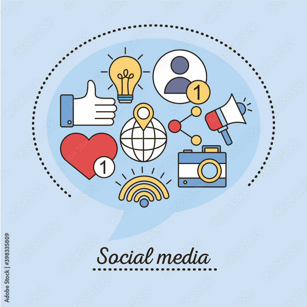 Poster bundle of social media set line and fill style icons in blue background