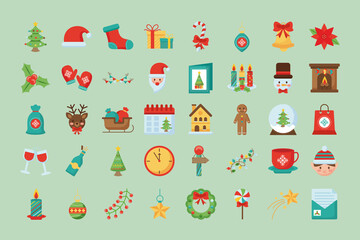 bundle of fourty merry christmas set flat style icons