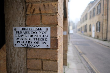 Cambridge UK December 2020 Sign prohibiting bicycles being parked in the area of Trinity Hall in...