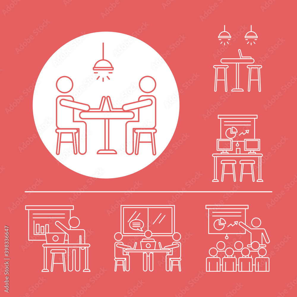 Poster bundle of workers avatars coworking line style icons in red background
