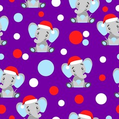 Seamless pattern. Happy New Year. Cartoon baby elephant in red Christmas hat. White, red and blue confetti. Violet background. Post cards, wallpaper, textile, scrapbooking and wrapping paper
