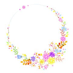 Fototapeta na wymiar vector drawing, round wreath of flowers and branches with leaves on a pink background